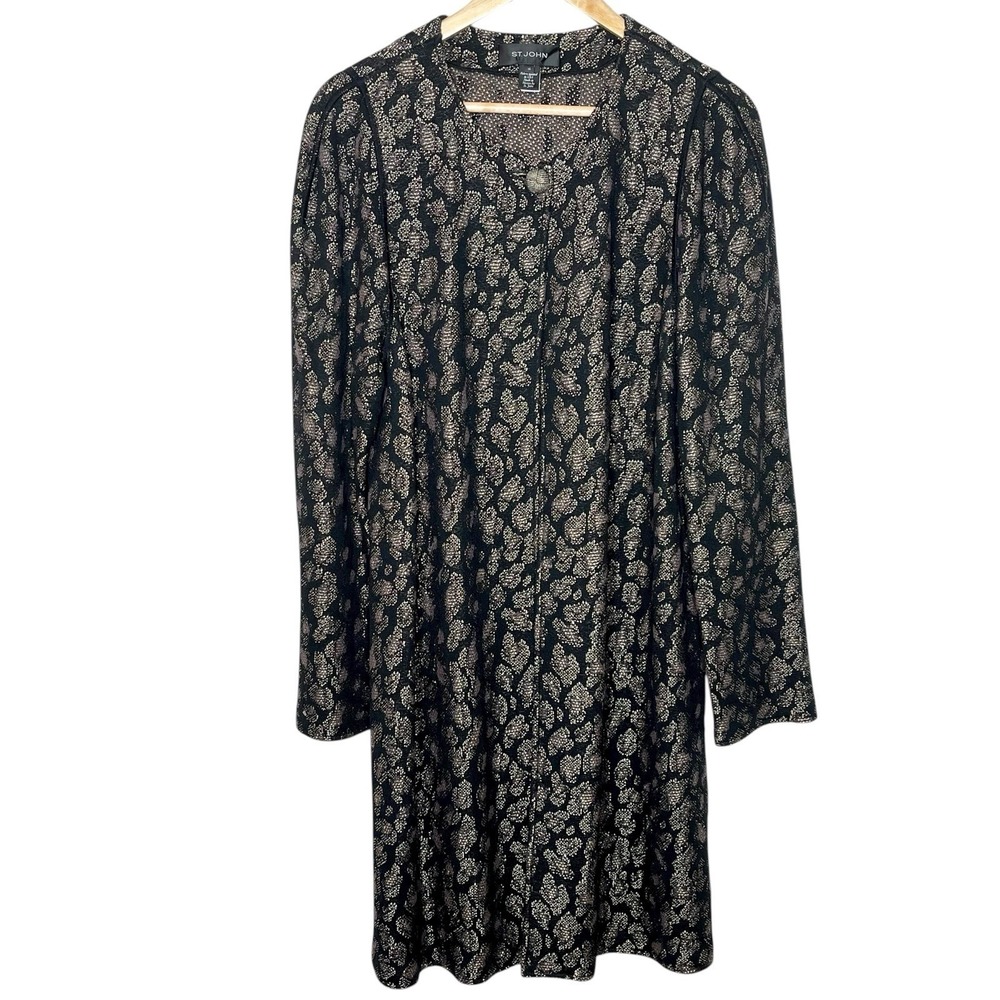 St John Black Gold Knit Long Jacket Womens Size 14 Single Button Patterned Wool